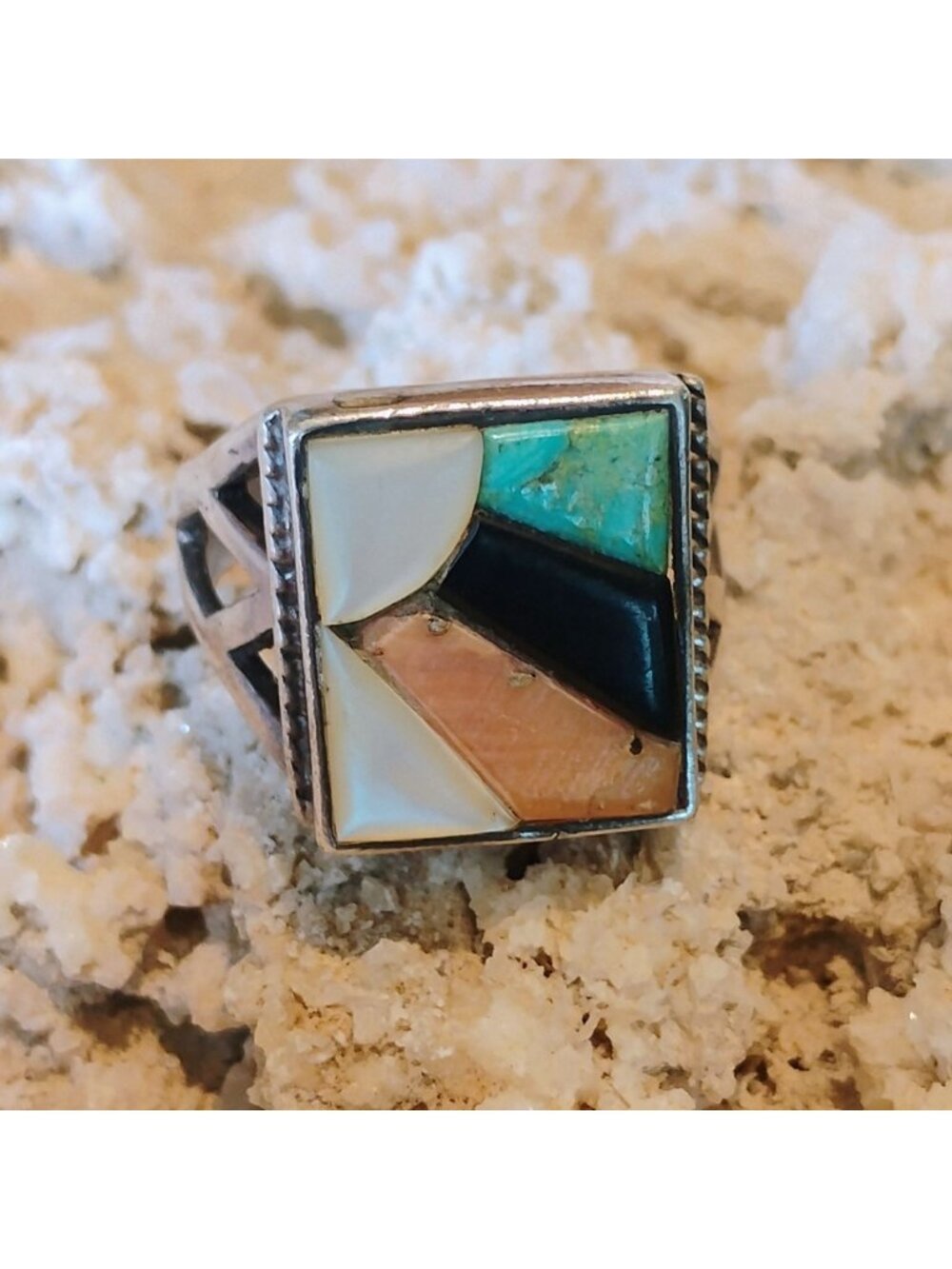 Vtg Zuni Cobblestone Inlay Sun Ring Sterling Size 10 Turquoise Onyx Coral MOP